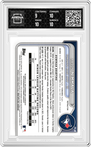 Arjun Nimmala from the 2024 Bowman set featuring a Refractor parallel graded by Arena Club and given an overall grade of 9.5.