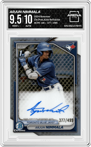 Arjun Nimmala from the 2024 Bowman set featuring a Refractor parallel graded by Arena Club and given an overall grade of 9.5.