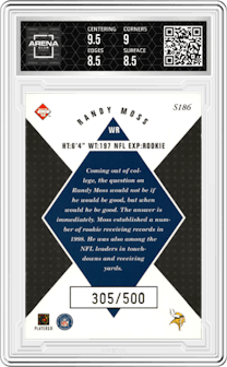Randy Moss from the 1998 Collector’s Edge Masters set featuring a Gold Exchange parallel graded by Arena Club and given an overall grade of 9.