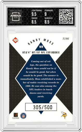 Randy Moss from the 1998 Collector’s Edge Masters set featuring a Gold Exchange parallel graded by Arena Club and given an overall grade of 9.