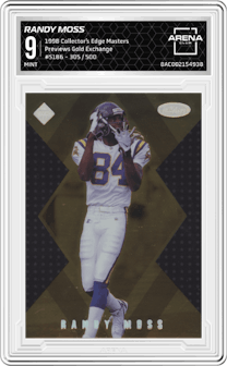 Randy Moss from the 1998 Collector’s Edge Masters set featuring a Gold Exchange parallel graded by Arena Club and given an overall grade of 9.