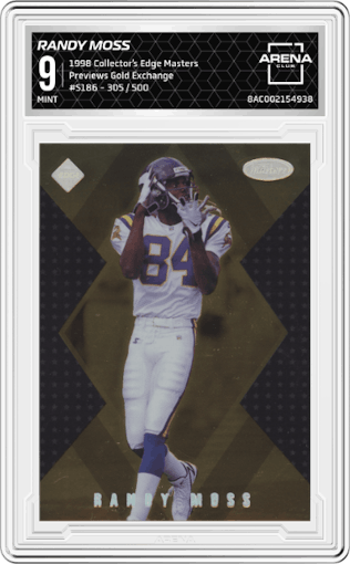 Randy Moss from the 1998 Collector’s Edge Masters set featuring a Gold Exchange parallel graded by Arena Club and given an overall grade of 9.