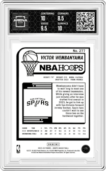 Victor Wembanyama from the 2023-24 Panini NBA Hoops set featuring a Teal Explosion parallel graded by Arena Club and given an overall grade of 9.