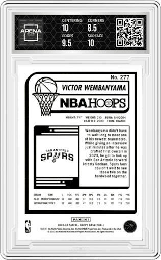 Victor Wembanyama from the 2023-24 Panini NBA Hoops set featuring a Teal Explosion parallel graded by Arena Club and given an overall grade of 9.