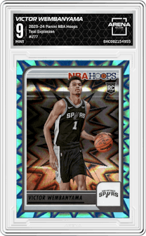 Victor Wembanyama from the 2023-24 Panini NBA Hoops set featuring a Teal Explosion parallel graded by Arena Club and given an overall grade of 9.