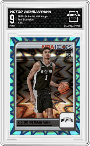 Victor Wembanyama from the 2023-24 Panini NBA Hoops set featuring a Teal Explosion parallel graded by Arena Club and given an overall grade of 9.