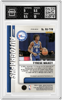 Tyrese Maxey from the 2020-21 Panini Mosaic set graded by Arena Club and given an overall grade of 9.5.