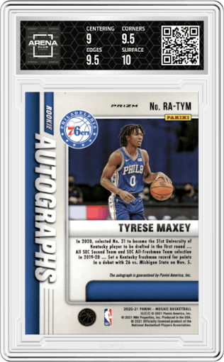 Tyrese Maxey from the 2020-21 Panini Mosaic set graded by Arena Club and given an overall grade of 9.5.