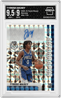 Tyrese Maxey from the 2020-21 Panini Mosaic set graded by Arena Club and given an overall grade of 9.5.