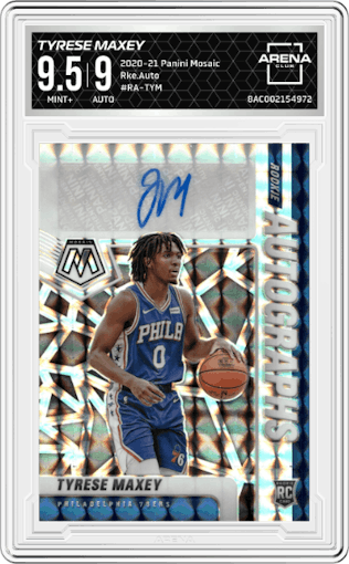 Tyrese Maxey from the 2020-21 Panini Mosaic set graded by Arena Club and given an overall grade of 9.5.