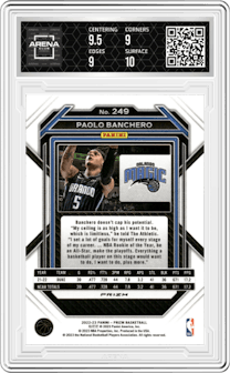 Paolo Banchero from the 2022-23 Panini Prizm  set featuring a Silver Prizm parallel graded by Arena Club and given an overall grade of 9.5.