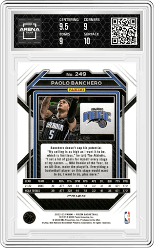 Paolo Banchero from the 2022-23 Panini Prizm  set featuring a Silver Prizm parallel graded by Arena Club and given an overall grade of 9.5.