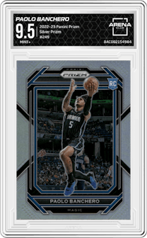 Paolo Banchero from the 2022-23 Panini Prizm  set featuring a Silver Prizm parallel graded by Arena Club and given an overall grade of 9.5.