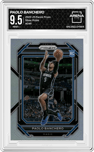 Paolo Banchero from the 2022-23 Panini Prizm  set featuring a Silver Prizm parallel graded by Arena Club and given an overall grade of 9.5.