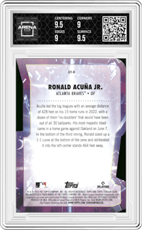 Ronald Acuna Jr. from the 2023 Topps Stadium Club set graded by Arena Club and given an overall grade of 9.5.