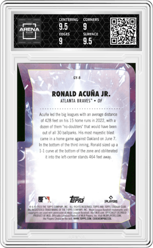 Ronald Acuna Jr. from the 2023 Topps Stadium Club set graded by Arena Club and given an overall grade of 9.5.