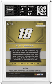 Kyle Busch from the 2016 Panini Prizm NASCAR Racing set featuring a Red/White/Blue Prizm parallel graded by Arena Club and given an overall grade of 9.