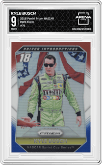 Kyle Busch from the 2016 Panini Prizm NASCAR Racing set featuring a Red/White/Blue Prizm parallel graded by Arena Club and given an overall grade of 9.