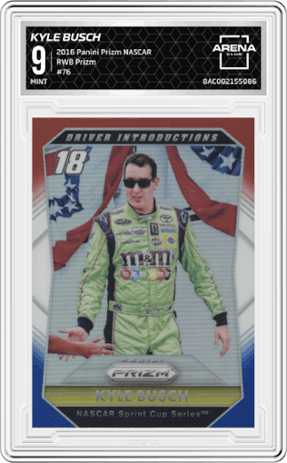 Kyle Busch from the 2016 Panini Prizm NASCAR Racing set featuring a Red/White/Blue Prizm parallel graded by Arena Club and given an overall grade of 9.
