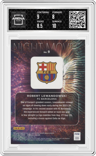Robert Lewandowski from the 2023-24 Panini Donruss set graded by Arena Club and given an overall grade of 8.5.