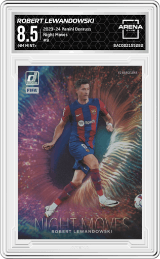 Robert Lewandowski from the 2023-24 Panini Donruss set graded by Arena Club and given an overall grade of 8.5.