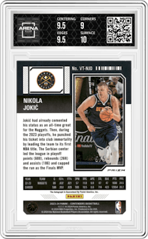 Nikola Jokic from the 2023-24 Panini Contenders set featuring a Red FOTL parallel graded by Arena Club and given an overall grade of 9.5.