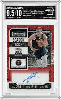 Nikola Jokic from the 2023-24 Panini Contenders set featuring a Red FOTL parallel graded by Arena Club and given an overall grade of 9.5.