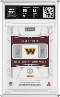 Sam Howell from the 2022 Panini National Treasures set featuring a Gold parallel graded by Arena Club and given an overall grade of 9.