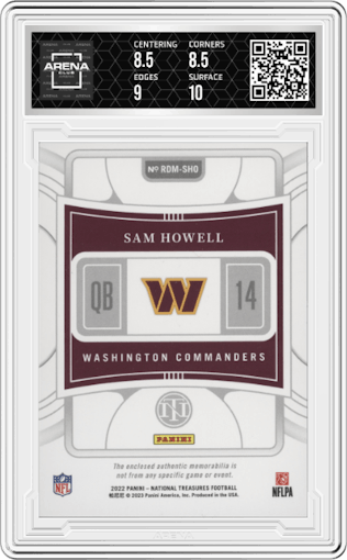 Sam Howell from the 2022 Panini National Treasures set featuring a Gold parallel graded by Arena Club and given an overall grade of 9.
