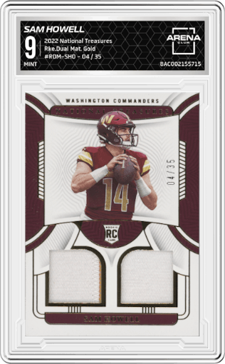 Sam Howell from the 2022 Panini National Treasures set featuring a Gold parallel graded by Arena Club and given an overall grade of 9.