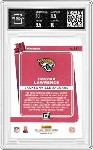 Trevor Lawrence from the 2021 Panini Donruss set featuring a Studio Series parallel graded by Arena Club and given an overall grade of 9.