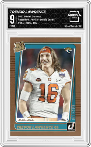 Trevor Lawrence from the 2021 Panini Donruss set featuring a Studio Series parallel graded by Arena Club and given an overall grade of 9.
