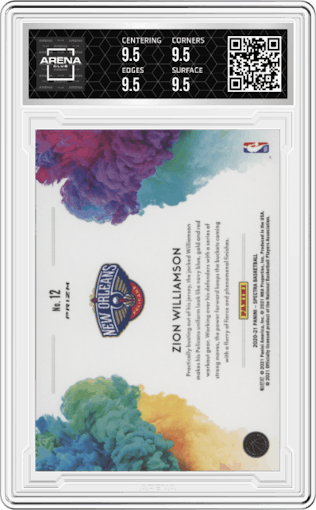 Zion Williamson from the 2020-21 Panini Spectra set graded by Arena Club and given an overall grade of 9.5.
