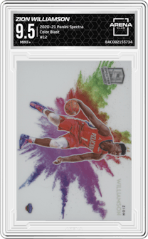 Zion Williamson from the 2020-21 Panini Spectra set graded by Arena Club and given an overall grade of 9.5.