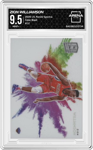 Zion Williamson from the 2020-21 Panini Spectra set graded by Arena Club and given an overall grade of 9.5.