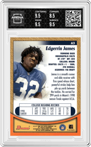 Edgerrin James from the 1999 Bowman set graded by Arena Club and given an overall grade of 9.