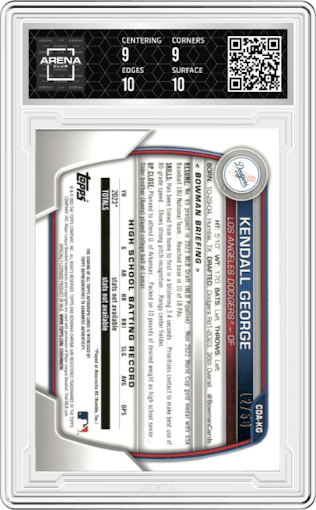Kendall George from the 2023 Bowman Draft set featuring a Gold Wave Refractor parallel graded by Arena Club and given an overall grade of 9.5.