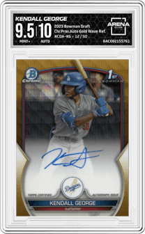 Kendall George from the 2023 Bowman Draft set featuring a Gold Wave Refractor parallel graded by Arena Club and given an overall grade of 9.5.