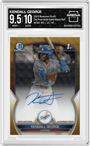 Kendall George from the 2023 Bowman Draft set featuring a Gold Wave Refractor parallel graded by Arena Club and given an overall grade of 9.5.