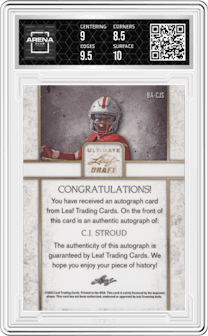 C.J. Stroud from the 2022 Leaf Ultimate Draft set featuring a Gold Spectrum parallel graded by Arena Club and given an overall grade of 9.