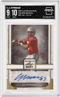C.J. Stroud from the 2022 Leaf Ultimate Draft set featuring a Gold Spectrum parallel graded by Arena Club and given an overall grade of 9.