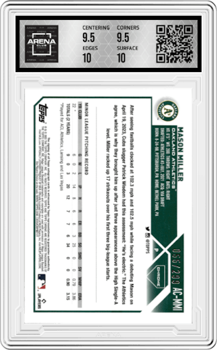 Mason Miller from the 2023 Topps Chrome Update set featuring a Purple Speckle Refractor parallel graded by Arena Club and given an overall grade of 10.