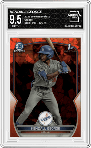 Kendall George from the 2023 Bowman Draft Sapphire set featuring a Orange parallel graded by Arena Club and given an overall grade of 9.5.