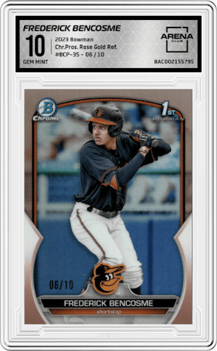 Frederick Bencosme from the 2023 Bowman  set featuring a Rose Gold Refractor parallel graded by Arena Club and given an overall grade of 10.