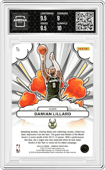 Damian Lillard from the 2023-24 Panini Donruss set featuring a Yellow Holo Laser parallel graded by Arena Club and given an overall grade of 9.5.