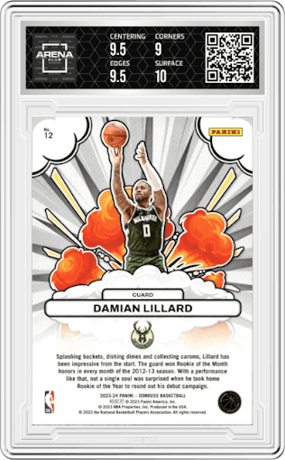 Damian Lillard from the 2023-24 Panini Donruss set featuring a Yellow Holo Laser parallel graded by Arena Club and given an overall grade of 9.5.