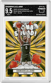Damian Lillard from the 2023-24 Panini Donruss set featuring a Yellow Holo Laser parallel graded by Arena Club and given an overall grade of 9.5.