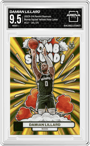 Damian Lillard from the 2023-24 Panini Donruss set featuring a Yellow Holo Laser parallel graded by Arena Club and given an overall grade of 9.5.