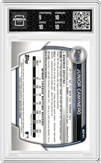 Junior Caminero from the 2023 Bowman Sapphire Edition set graded by Arena Club and given an overall grade of 9.5.