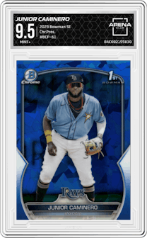 Junior Caminero from the 2023 Bowman Sapphire Edition set graded by Arena Club and given an overall grade of 9.5.